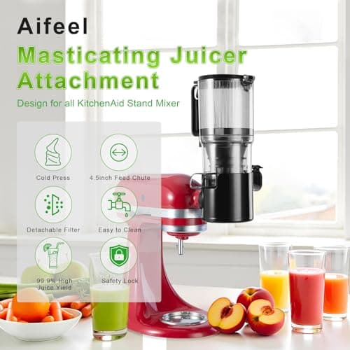 Masticating Juicer Attachment for KitchenAid Stand Mixer,Slow Cold Press Juicer for Kitchenaid Accessory with 4.5" Large Feed Chute,2 * 28oz Cups for Fruits & Vegetables by Aifeel view 3