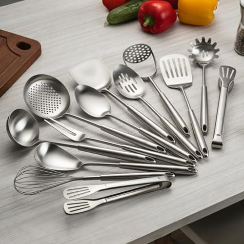 18/10 Stainless Steel Cooking Utensils Set, 13 PCS Long Large Metal Cooking Utensil Tools Set, Mirror Polished Kitchen Gadget Cookware and Kitchen Tool Set, Dishwasher Safe view 2