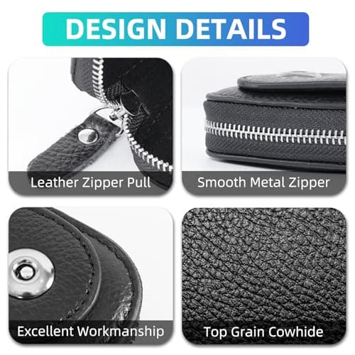 SKvoen Black Genuine Leather Car Key Pouch Fob Case for Universal Car Keys Cover, Key Chain Keychain Holder Metal Hook and Keyring Zipper Bag for Remote Key Fob view 4