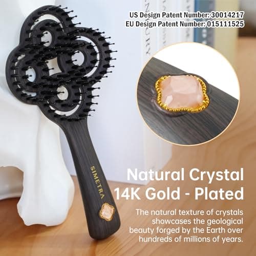 Simetra Detangler Hair Brush for Women and Men, Holiday Present - Original Detangling Brush for Curly Hair/Wet & Dry Hair, Natural Boar Bristles Hairbrush - Natural Crystal Inlay & 14K Gold Plating view 2