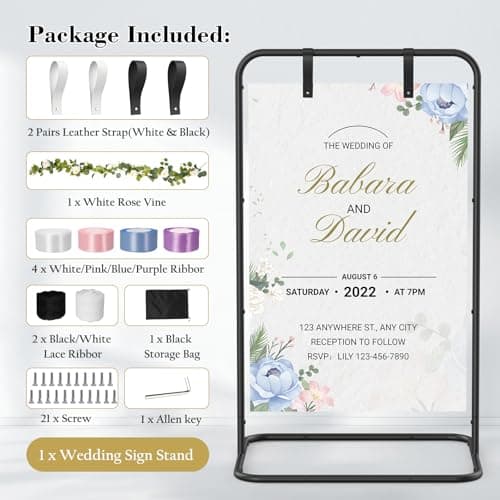 Wedding Welcome Sign Stand, Adjustable Welcome to Our Wedding Sign Holder with Poster Design & Leather Hanging Straps & Vine, Black Easel Stand for Welcome Sign, Party, Seating Charts, Wedding Decor view 4