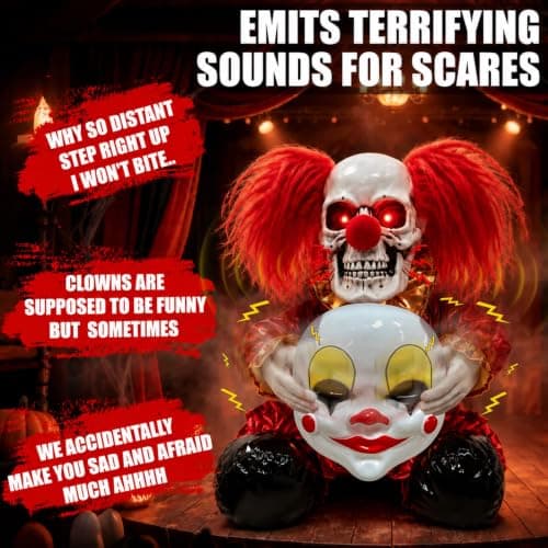 Scary Halloween Animatronics Clown Decoration for Haunted House Party Decor | Spooky Sound & Touch Activated Skull Face Ripping Clown Prop with Red LED Eyes, Indoor Outdoor Yard Holiday Porch Party Favor view 5