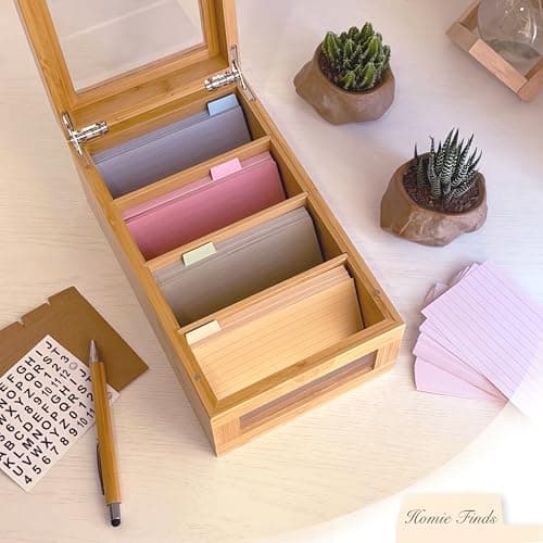 Homie Finds Bamboo Index Card Box Set - 3x5 Index Card Holder with Dividers and Morandi Cards - Wood Recipe Box with Lid (Holds 1200 Cards) view 3