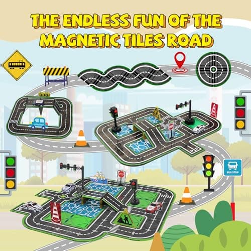 Road Magnetic Tiles with Traffic Light & Cars for Kids Ages 4-8, Boy Toys | Traffic City Center Expansion Set, Pullback Car, Ship, Race Track, Magnet Building Blocks, Preschool Gifts Christmas Toys view 3
