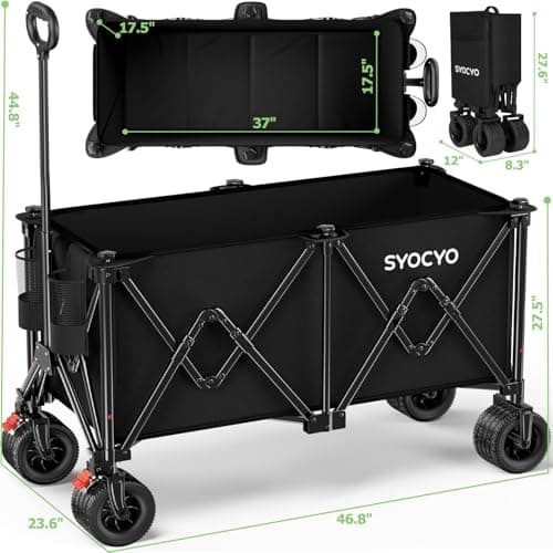 Beach Wagon Carts Foldable 580LBS Collapsible Wagon with Big All-Terrain Wheels for Sand 340L Heavy Duty Utility Carts with Cup Holders for Garden, Camping, Grocery, Black view 2