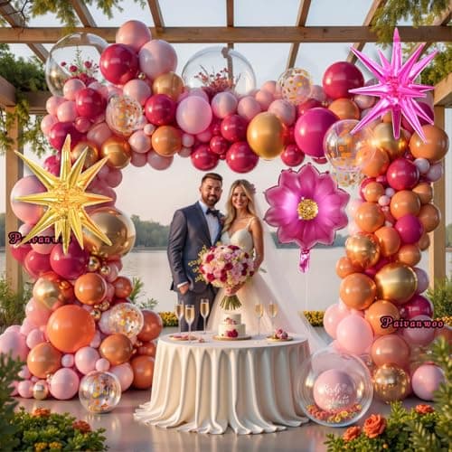 154Pcs Pink and Orange Balloon Arch Kit with Flower Foil & 2 Star Balloons for Bachelorette Party, Birthday, Wedding, Baby Shower – Pink and Orange Theme Party Decorations view 4