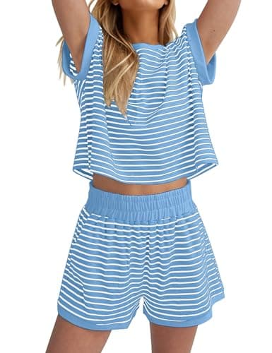 Burtell Women Summer 2 Piece Lounge Sets Striped Short Sleeve Tee Shirts Mini Shorts Loungewear Shorts Set Ribbed Pajama Set — image 1