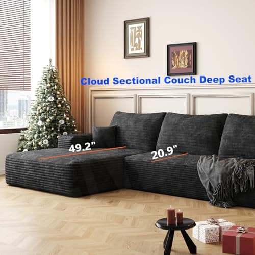 RENDGO 108" Cloud Boneless Sectional Couch for Living Room,Modular L Shaped Couch with Deep Seat Left Facing Chaise,Memory Foam Compressed Spineless 3 Seater Sofa for Apartment,Black view 3