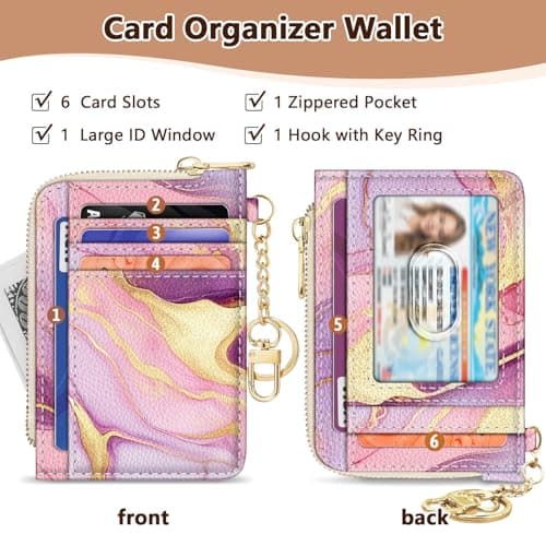 GIANCOMICS Slim Wallet Credit Card Holder Women, Pink Marble Rfid Blocking Small Card Case, Keychain Thin Pocket Curved Zipper Wallet, Travel Card Holder PU Leather ID Window, Ladies Female Gifts view 5