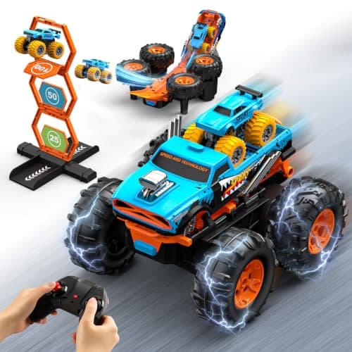 2-in-1 Remote Control Car with Transform Launcher Track – 1:16 RC Monster Truck Toys 2.4GHz, Self-Standing 360° Flips Towing Mini Cars & Electric Scoring Gate Truck Gift for Kids Boys Girls Age 4-12 — image 1