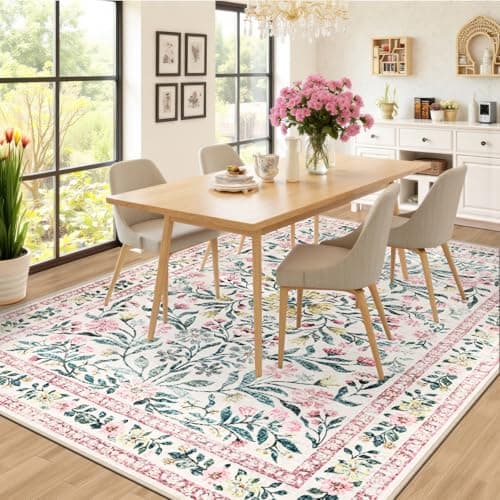 8x10 Area Rugs for Living Room: Floral Washable Rug Vintage Large Soft Boho Non-Slip Carpet Indoor Stain Resistant Low Pile Carpets for Bedroom Dining Room Farmhouse Nursery Home Office Pink Green view 4