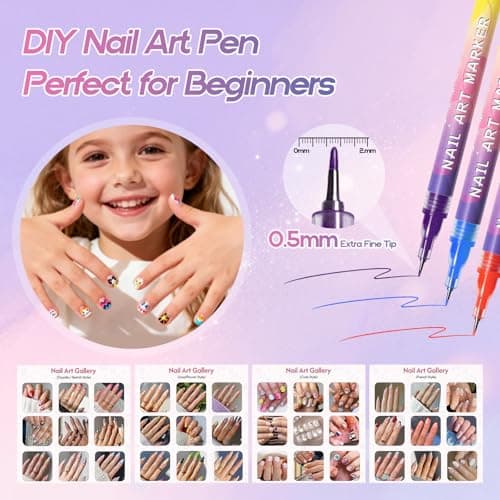 Nail Art Pens for Painting Nails 12 Colors Nail Art Markers Set with 0.5 mm Fine Tip Nail Doodle Pens for Girls Kids Women view 3