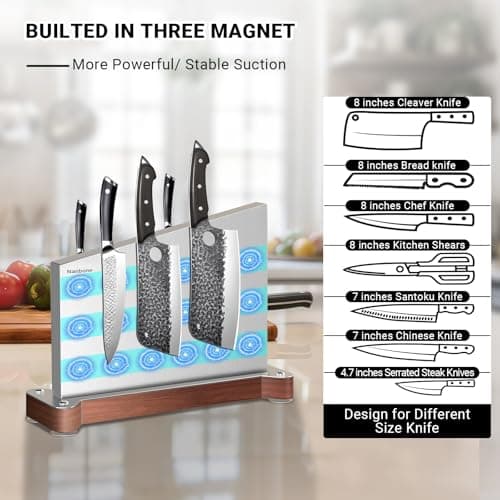 Nanbone Magnetic Knife Block Without Knives Large Double Side Magnetic Knife Holder Stand with Strong Magnet, Stainless Steel Knife Storage Organizer for Kitchen Counter Knife Rack Three Magnet Strip view 3