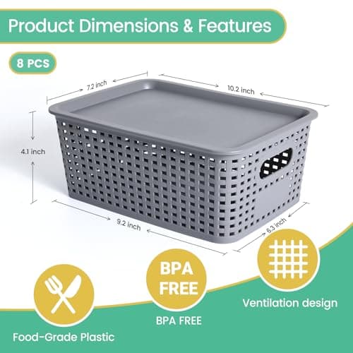 Plastic Storage Baskets with Lid-Plastic Storage Containers Stackable Storage bins: Storage Baskets for Organizing Shelves Drawers Desktop Closet Playroom Classroom Office,8 Pack-Gray10.2x7.2x4.1Inch view 3