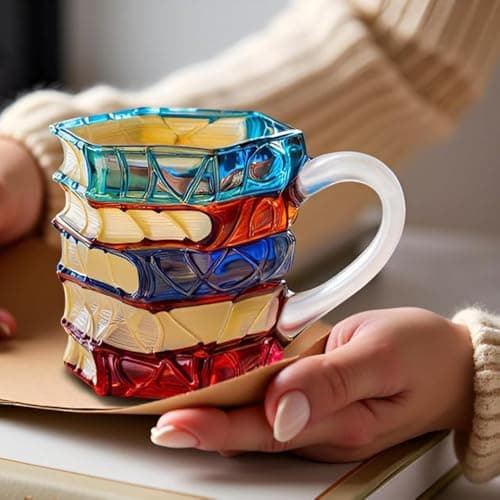 TOPORNEE Handmade Painted Book Coffee Mug, 14 oz Glass Cup, Stacked Books Design with Colored Handle, Gift for Readers and Book Lovers (Transparent Handle#B, Large) view 7