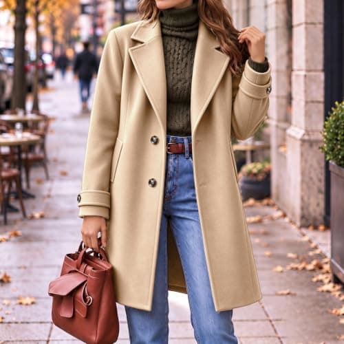 Long Trench Coat Women Single Breasted Faux Wool Pea Coats Vintage Jacket view 3