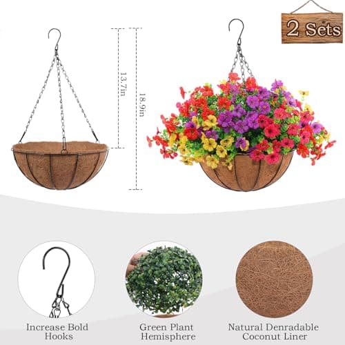 Hananona 2 Set Artificial Outdoor Flowers with Hanging Basket, 2 Hanging Planters with 24 Pcs Flowers for Spring Summer Front Porch Garden Patio Home Decor (2, Red, Purple, Yellow, Rose Red) view 3