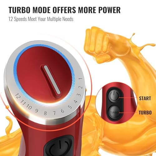 KOIOS 5-in-1 Hand Immersion Blender, 1000W 12 Speed Handheld Blender Stick with Copper Motor Stainless Steel Blade, 600ml Mixing Beaker,500ml Food Processor, Whisk, Milk Frother, Non-BPA, Red view 6