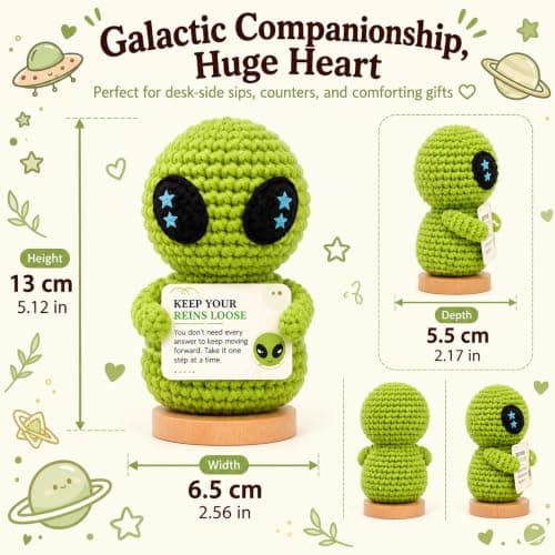Positive Emotional Support Crochet with Base Birthday Gifts for Women Men Self Teacher Adult Kids Son Mom Dad Daughter Sister Friend Coworkers Inspirational Gift, Alien view 3