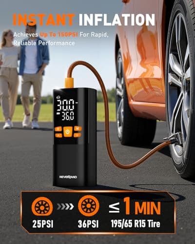 NEVERLAND Tire Inflator Portable Air Compressor - Cordless & 12V DC Air Pump for Car Tires, 150 PSI Bike Pump With Gauge, Auto-Shutoff Tire Pump for Car Bicycle Motorcycle Ball(1 Year Warranty) view 2
