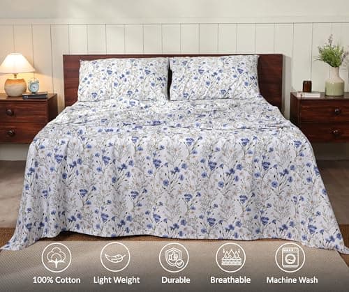 RUVANTI 100% Cotton Sheets – Queen Size Percale Bedding, Cooling & Breathable Floral Design, Durable with a Crisp, Soft & Comfortable Feel, 16" Deep Pocket, 4-Piece Set, Sweet Pea view 3
