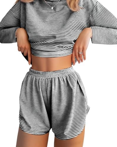 JUSTFASHIONNOW Womens Pajama Sets Striped Two Piece Lounge Sets Long Sleeve Top and Split Shorts Print Sleepwear Comfy Pjs — image 1