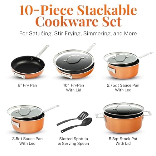 GOTHAM STEEL Stackmaster 10 Pc Nesting Pots and Pans Set Non Stick, Copper | Induction Cookware Set Nonstick, Nests to Save Cabinet Space, Dishwasher & Oven Safe to 500°F, Diamond Reinforced Nonstick view 2