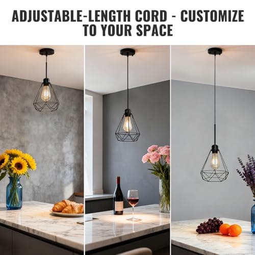 Maliralt Pendant Light Hanging Lights Fixture - Black Industrial Hanging Lamps with Metal Diamond Shade for Kitchen Island, Dining Room Over Table, Breakfast Corner, Farmhouse Home Decor - 2 Pack view 5