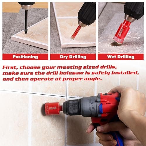 Goldblatt Diamond Drill Bits for Tile, 5 Pcs Set 1/4", 5/16", 3/8", 3/4" Drill Holesaw and 6mm Carbide Drill, Quick Fit Hex Shank for Ceramic, Porcelain, Marble, Granite (not for Wood) view 4