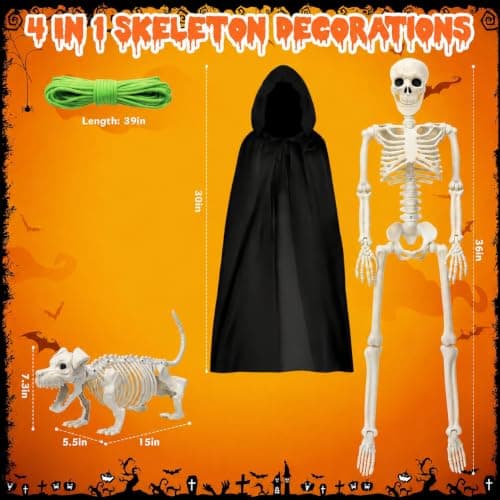 Halloween Decorations Outdoor 36 Inch Realistic Posable Skeleton With Dog | 3ft Full Body Posable Skeleton Plastic Bones Movable Joints Halloween Party Yard Haunted House Props Indoor Decor view 2