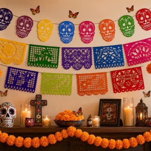 GOAUS Dia de Los Muertos Day of the Dead Ofrenda Altar Decorations 60 pcs | Marigold Flowers x30, Papel Picado x9, Marigold Garland x1, Felt Skulls x8, Monarch Butterflies x12 view 3