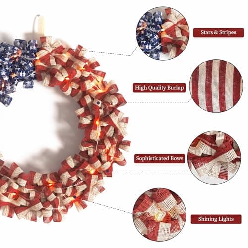 Patriotic Wreath 18 Inch American Flag Wreath for Front Door, Burlap Red White and Blue Decor with Stars Stripes and Timer-Equipped Light Strip for 4th of July Memorial Day Veterans Day view 4