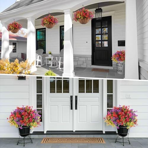 Hananona 2 Set Artificial Outdoor Flowers with Hanging Basket, 2 Hanging Planters with 24 Pcs Flowers for Spring Summer Front Porch Garden Patio Home Decor (2, Red, Purple, Yellow, Rose Red) view 6