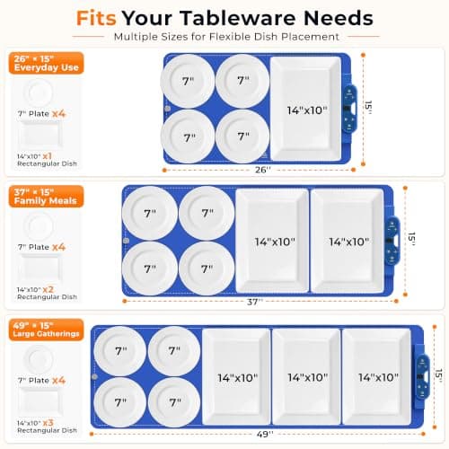 FJAU Warming Mat for Food， Extra Large 26"x15", 7 Heat Levels, 8 Hour Timer | Electric silicone heating mat for food, countertop warming trays, warming pads for buffets, chafing dishes and parties, Blue view 2