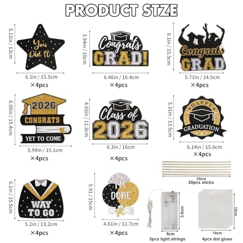 Graduation Decorations 2026 Graduation Party Decorations 32Pcs Black Gold Grad Table Centerpiece Sticks with String Lights for College High School Congrats Grad Party Decor Photo Props view 2