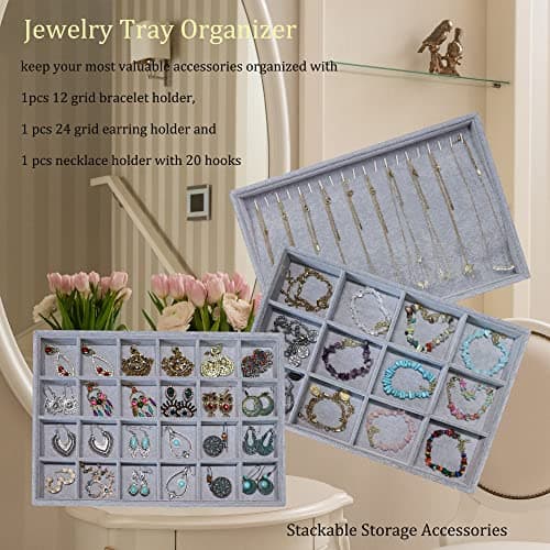 Stratalife Set of 3 Stackable Jewelry Organizer Tray Earring Display Trays Drawer Organizer Inserts Accessory Storage Grey view 3