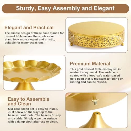 OdoVow 7 Pcs Cake Stand Gold Metal Dessert Table Display Set, 3-Tier Cupcake Stand, Cake Display Tower and Cookie Tray Rack Serving Tray for Birthday Party, Weddings, Baby Shower (Gold) view 6