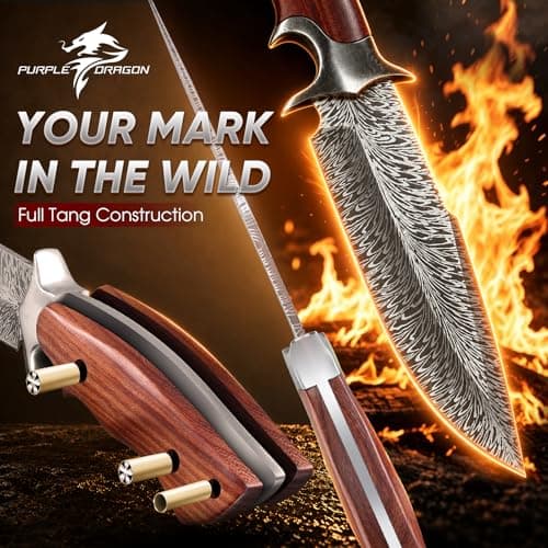 Purple Dragon Hand Forged Fixed Blade Knife with Leather Sheath | Full Tang Survival Feather Knife with Rosewood Handle, Camping Knife for Bushcraft & Outdoor Use, Cool Gifts for Men view 4