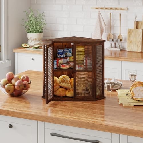 WouZglk Extra Large Corner Bread Box for Kitchen Countertop, 16.5 Inch Charred Pine 2-Tier Breadbox with Glass Wavy Door Panel, Vintage Farmhouse Style Wood Design (Pine Wood) view 2