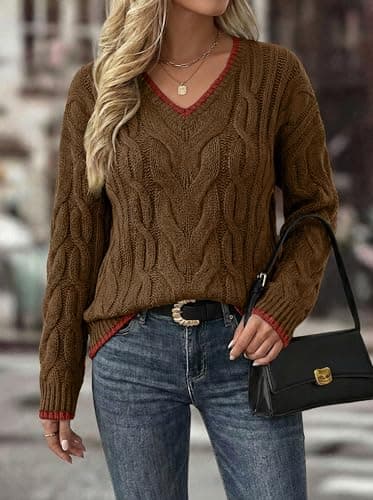 LaGracia Women's Oversized Cable Knit V Neck Sweaters Trendy Color Block Sweater Pullover 2026 view 3