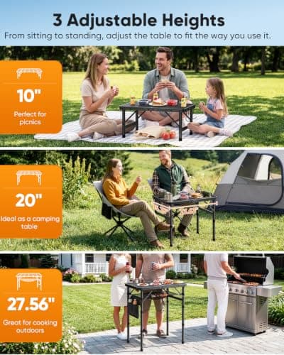 Raynesys Portable Folding Grill Table for Outside, 3 Adjustable Heights | 23.6" x 15.7" Small Camping Table, Lightweight & Compact, Metal Mesh Top, with Carry Handle & Mesh Bag, for BBQs & Tailgating view 2