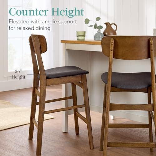 Best Choice Products Bar Stool Set of 2, Modern Farmhouse Counter Height Stools w/Armless Upholstered Cushioned Seat, Wooden Curved Backrest - Walnut/Charcoal view 5