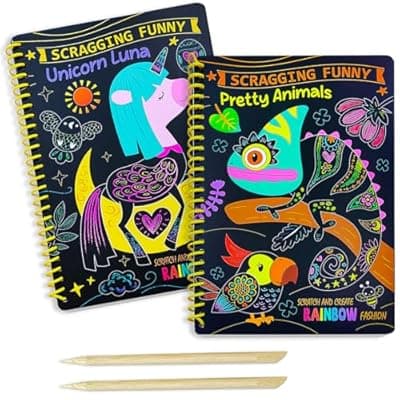 JUNQIU 2 Pack Animal & Unicorn Scratch Art for Kids, Rainbow Scratch Paper Art Notebook, Arts and Crafts for Boys Girls, Birthday Gifts Party Games