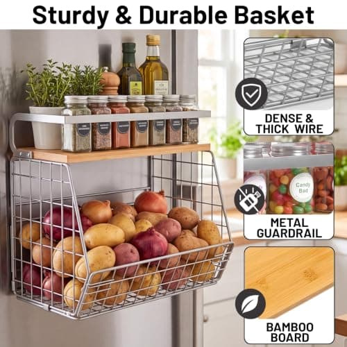 Ofiray-home Magnetic Shelf for Fridge, Wood-Top Storage Basket, Kitchen | Large magnetic storage basket for snacks, pantry items, coffee pods, kitchen supplies and laundry essentials. No drilling. view 3