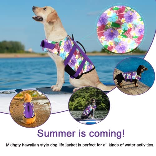 Mklhgty Hawaiian Dog Life Jacket - Adjustable Ripstop Vest with Rescue Handle for Swimming Boating, High-Flotation Safety Device for Small Medium Large Dogs (Floral Purple, L) view 2