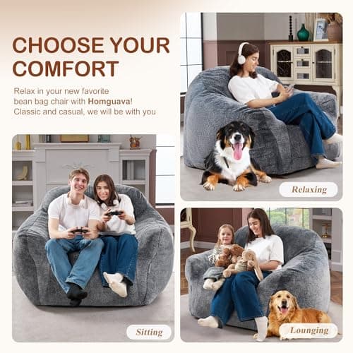 Homguava Bean Bag Chair Bean Bag Chairs for Adults Comfy Beanbag Chair with Spacious Design Oversized Bean Bag Sofa with Armrest Giant Bean Bag Chair with Filler for Living Room Bedroom (Grey) view 5