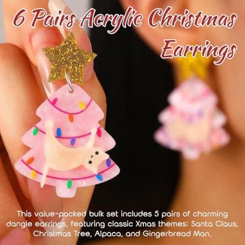 6 Pairs Christmas Earrings for Women, Atarvana Bulk Acrylic Earrings Jewelry Gifts for Women- Santa, Snowman, Reindeer, Gingerbread Man, Sheeps view 2
