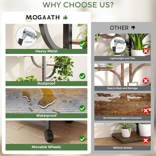 Plant Stand Indoor with Grow Lights - 9-Tier Plant Stand with Wheels, Tall Metal and Wood Indoor Plant Shelf with Tree Design, Rolling Flower Pot Holder Rack with Waterproof Finish, Adjustable Display Stand for Home Garden, Patio, 62" Tall view 4