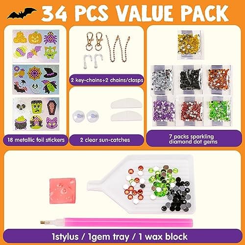 Klever Kits Halloween Gem Diamond Art Kit, Kids Halloween Crafts Party Supplies, Diamond Art Kit with Stickers, Suncatchers, and Keychains, Party Favor DIY Activities School Game Goodies Gift view 4