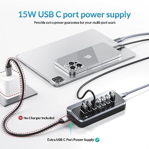 USB Hub for Laptop, SETMSPACE USB Splitter with 7 Port USB 3.2 10Gbps Transfer, USB Port Hub with 2 in 1 Cable 19in, Multiple USB Port for Laptop, iMac, MacBook, Dell, Xbox view 4